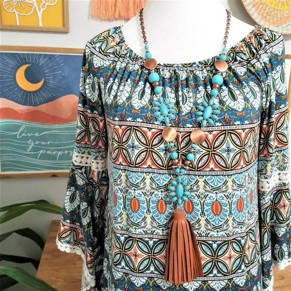 Dress. Teal, Burnt Orange, Multi Print. Southern Fried Chics Brand. Size Small. - Picture 2 of 9